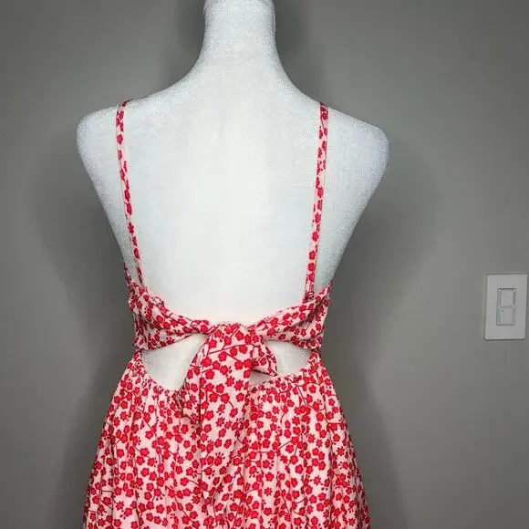 Women's Red Ditsy Floral Button Front Tie Back Dress Size 10 Coquette Cottage - Picture 4 of 8